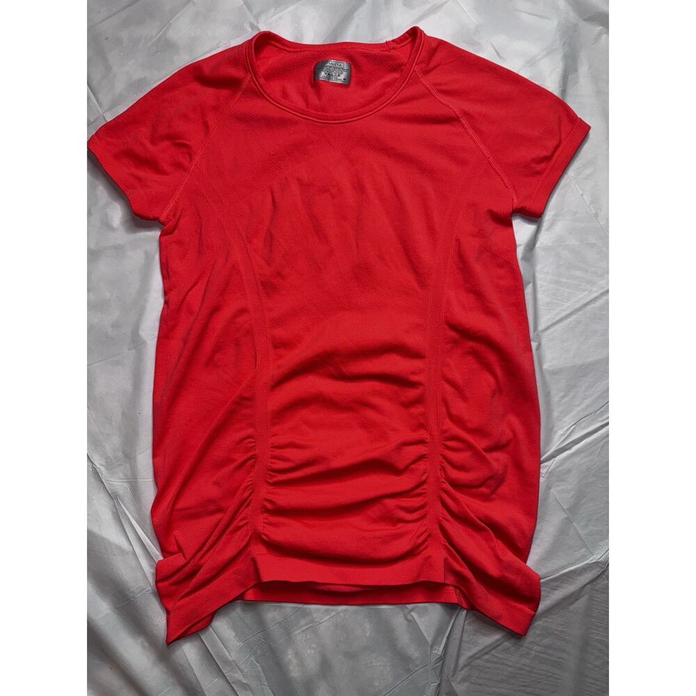 Athleta Medium Fastest Track Top Shirt Orange Short Sleeve Ruched Tee Stretch